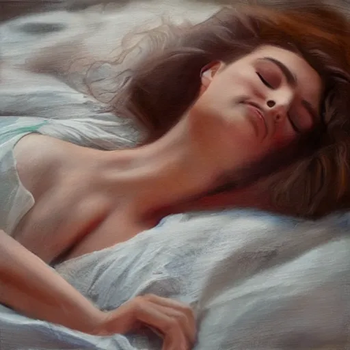 Prompt: full - bodied portait of elegant and beautiful sleeping girl, with joyful expression, sleep on the floor, the silk textile covered her body, oil painting, high qulity realistic, hd, 8 k, trend in artstation, art by evan wilson