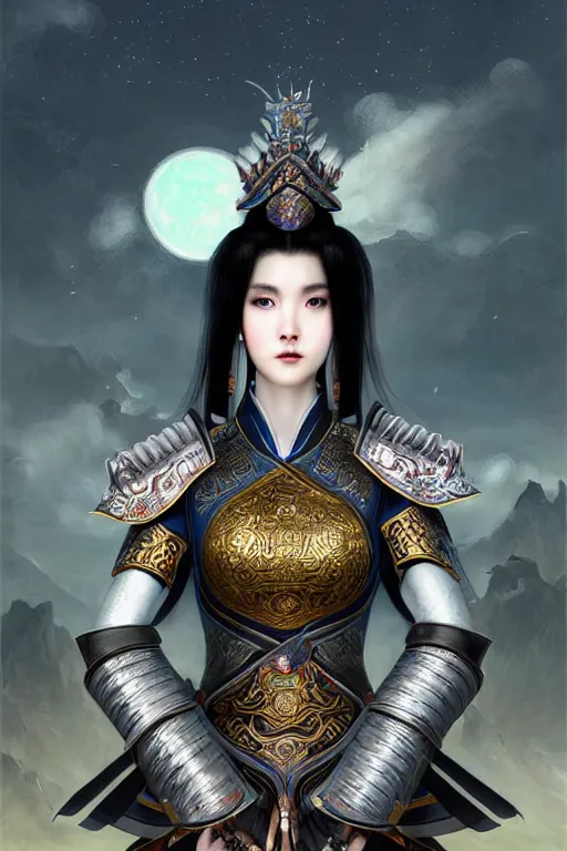 Prompt: portrait black hair young knights of Dynasty Warriors girl, matt white color armor, in ruin chinese temple rooftop moon light night, ssci-fi and fantasy, intricate and very beautiful and elegant, highly detailed, digital painting, soft light, artstation, concept art, smooth and sharp focus, illustration, art by tian zi and WLOP and alphonse mucha