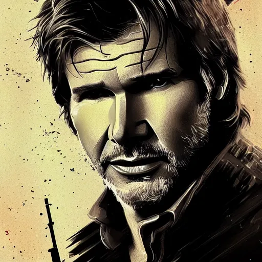 Image similar to portrait of harrison ford as han solo, fantasy, intricate, elegant, digital painting, trending on artstation, concept art, sharp focus, illustration by russ mills, 4k.