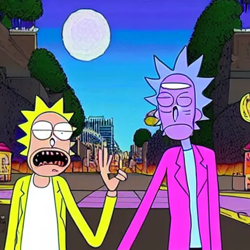 Image similar to rick and morty wandering around in awe in the streets of las vegas