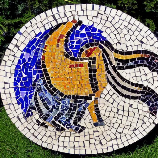 Image similar to mosaic sculpture of a chimera!!!, irregularly shaped mosaic tiles, hand glazed pottery shards, in the style of folk art, in a cottagecore flower garden