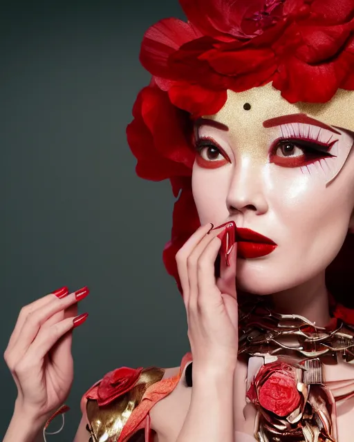 Image similar to Portrait of a robot, close-up, high sharpness, zeiss lens, fashion photo shoot, peony flowers, red hair, red lipstick, on the background of gold, on their face rhinestones, Edward Buba, Annie Leibovitz and Steve McCurry, David Lazar, Jimmy Nelsson, Eiko Hosoe, Zhong Lin, artistic, hyper-realistic, beautiful face, octane rendering