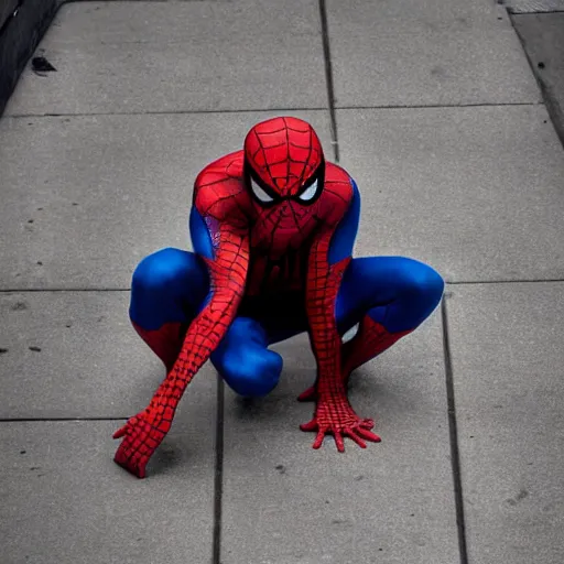 Image similar to fine art photography : spiderman caught homeless