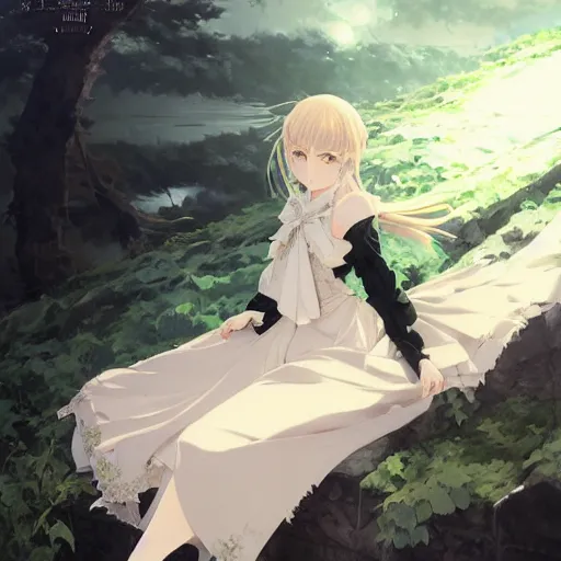 Image similar to victorique de blois anime girl gosick super detailed green eyes green eyes green eyes green eyes black dress black dress black dress black dress blonde hair by greg rutkowski makoto shinkai aramaki shinji artgerm, cushart krenz key art feminine award winning