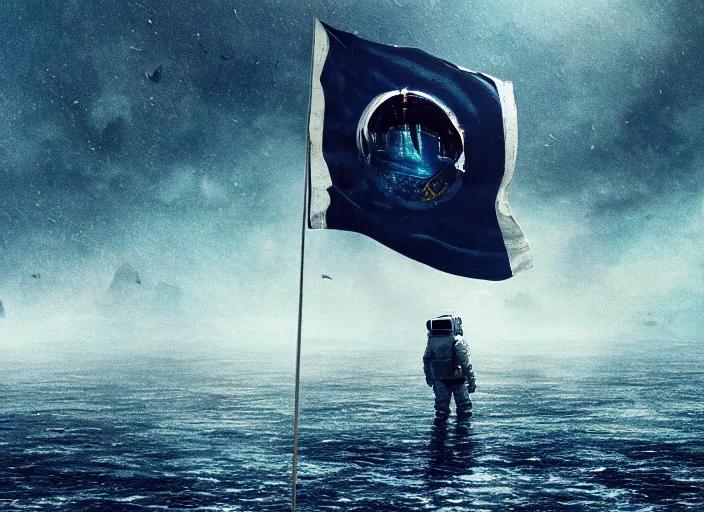 Image similar to astronaut holding a flag in an underwater desert. a submarine is visible in the distance. dark, concept art, cinematic, dramatic, atmospheric, 8 k, trending on artstation, blue, fish, low visibility, fog, ocean floor, christopher nolan, interstellar