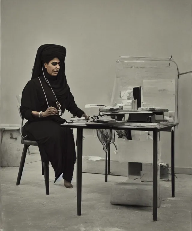 Image similar to a color photograph of persian woman in her workplace, by carrie mae weems, out of place, intense, bold, exaggerated, over proportion, hyperrealistic, ultra sharp, extra details, ultra high quality, trending on pinteresst