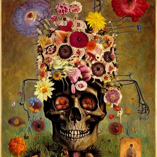 Image similar to 'Life from death' A beautiful detailed aesthetic horror painting depicting 'A skeleton with plants and flowers growing all over it, birds and bees flying all around it' by Odilon Redon and giuseppe arcimboldo, Trending on cgsociety artstation, 8k, masterpiece, cinematic lighting.