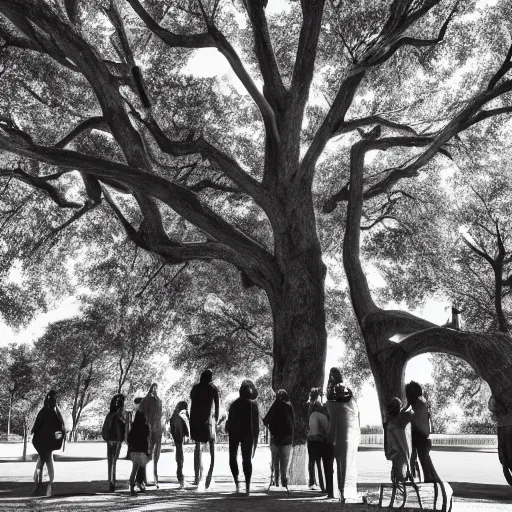 Prompt: a group of people in a park staring up at a gigantic tree, monochromatic, digital art, minimalistic