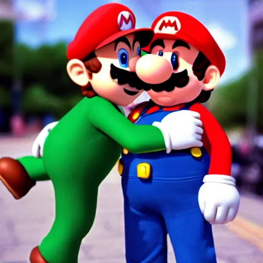 Image similar to photo of super mario hugging luigi, cinestill, 800t, 35mm, full-HD