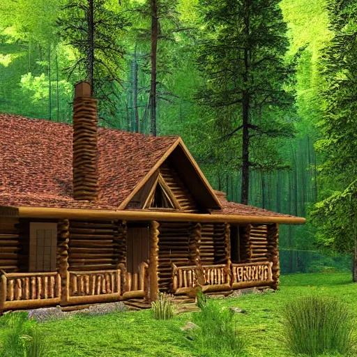 Prompt: log cabin in the forest, mountain behind log cabin, realistic