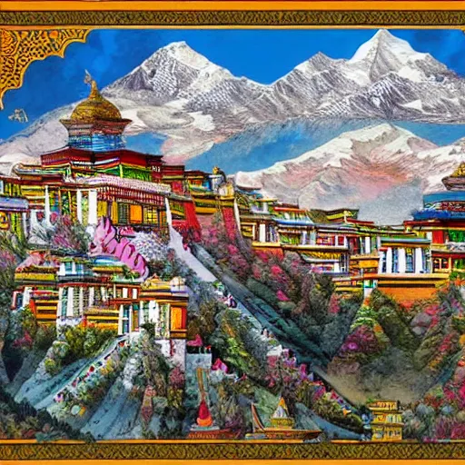 Image similar to omar shanti himalaya tibet, acrilic paint, digital, artstation, detailed intricate ink illustration, heavenly atmosphere, digital art, overdetailed art, concept art, complementing colors, trending on artstation, cgstudio, the most beautiful image ever created, dramatic, subtle, details, award winning artwork, beautiful scenery