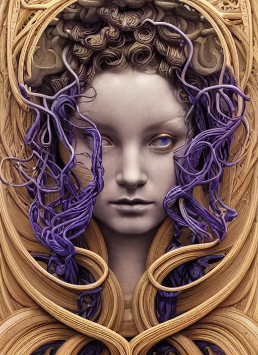 Image similar to medusa, wooden art nouveau swirls, strong subsurface scattering, cables, tubes, subsurface scattering, in the style of james jean and tomasz alen kopera and ross draws, subsurface scattering, mystical colors, rim light, soft lighting, 8 k, stunning scene, raytracing, octane render, trending on artstation