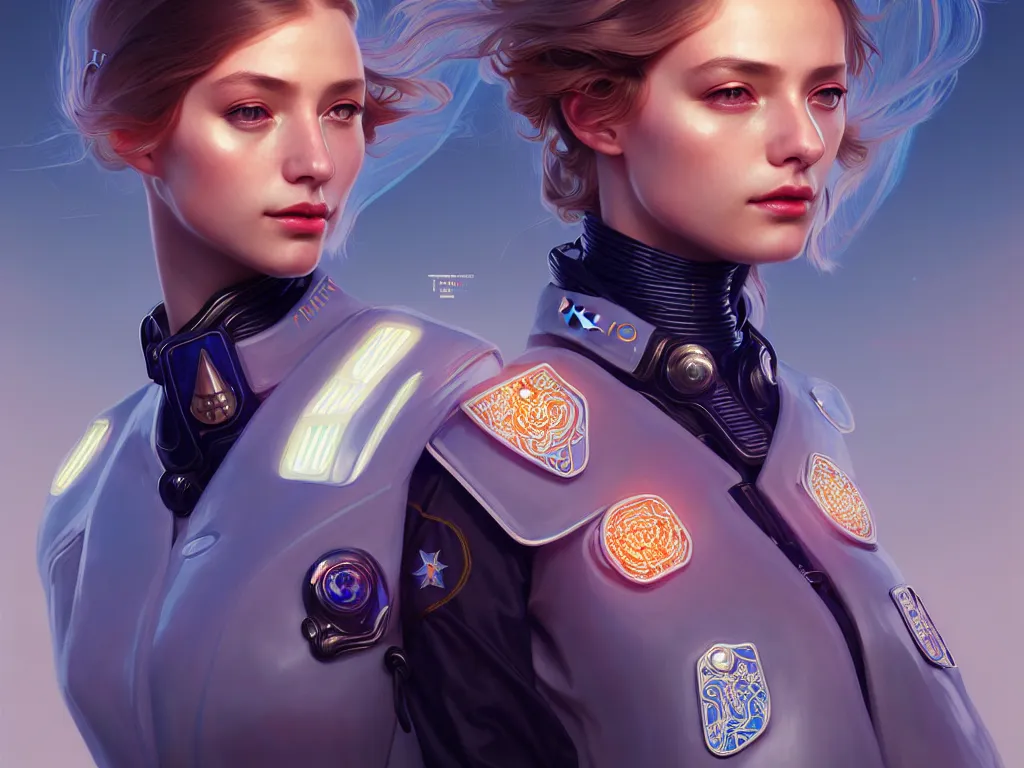 Prompt: portrait futuristic netherlands police uniform girl, at future neon light rooftop, ssci - fi and fantasy, intricate and very very beautiful and elegant, highly detailed, digital painting, artstation, concept art, smooth and sharp focus, illustration, art by tan zi and ayanamikodon and alphonse mucha and wlop