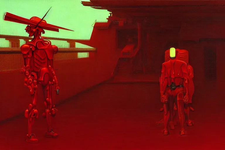 Image similar to only with red, a red cyborg samurai, tokio futuristic in background, some evil yokai fight, in the style of beksinski, parts by edward hopper, parts by rodcenko, parts by yue minjun, intricate and epic composition, red by caravaggio, insanely quality, highly detailed, masterpiece, red light, artstation, 4 k