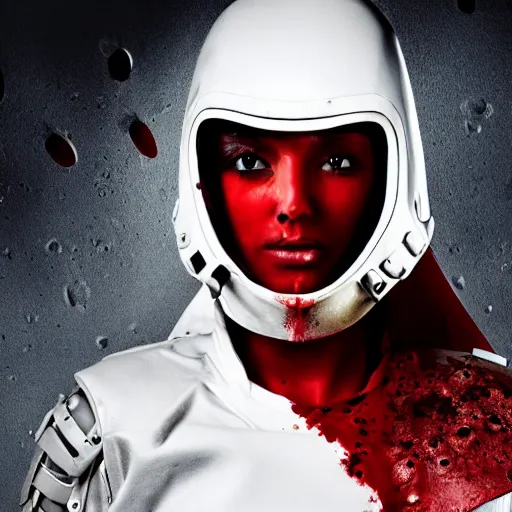 Image similar to a young female soldier wearing blood - spattered glossy sleek white dinged scuffed armor and a long torn red cape, heroic posture, determined expression, elegant, battle weary, no helmet, on the surface of mars, dramatic lighting, cinematic, sci - fi, hyperrealistic, detailed