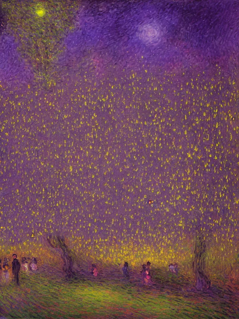 Prompt: gauzy twilight impressionist painting of fireflies in my backyard with an old apple tree waving to the left in a purple cast with people! dancing in the moonlight, intense deep dark purplish color oil painting by claude monet and piet mondrian, cosmic trending on artstation 8 k