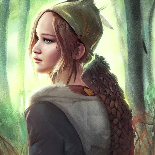 Prompt: a portrait of jennifer lawrence as a pokemon trainer, beautiful, in a dark forest, extremely detailed digital art, trending on artstation hyper realistic matte painting, pixar, by wlop, art germ