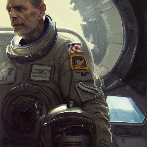 Image similar to portrait of a man by greg rutkowski, michael biehn as an space security officer, he is about 6 0 years old, military composure, wearing the tactical gear of weyland company, highly detailed portrait, digital painting, artstation, concept art, smooth, sharp foccus ilustration, artstation hq