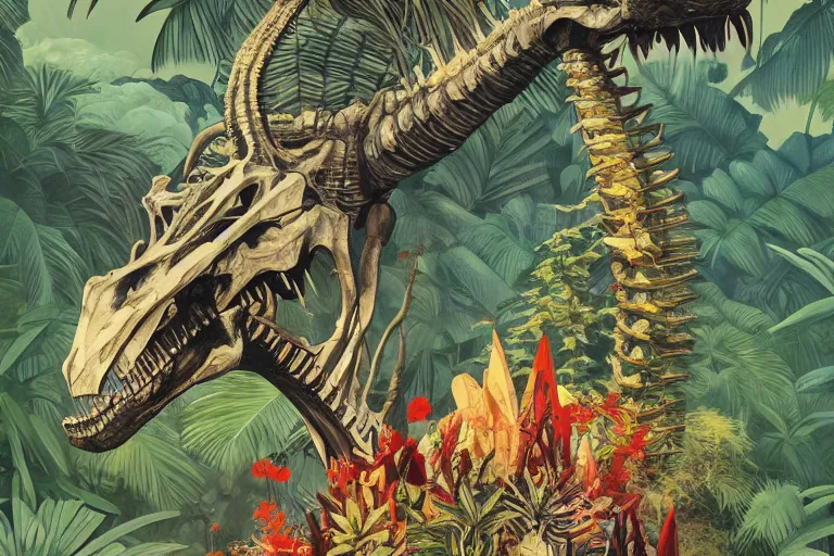 Prompt: 2 d gouache illustration, a lot of exotic vegetation, trees, tremendous skeletal robotic ancient dinosaur, flowers, oldschool vintage sci - fi flat surreal design, super - detailed, painting by satoshi kon, hd, 4 k, high quality