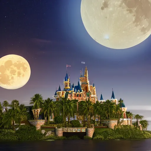 Prompt: the disney castle surrounded by giant palm trees on a giant floating island in the sky at night, a huge moon above the island illuminates the sky, cinematic, digital art by erik johansson, 8 k resolution, hyper detailed, hyper realistic, sharp focus, unreal engine 5