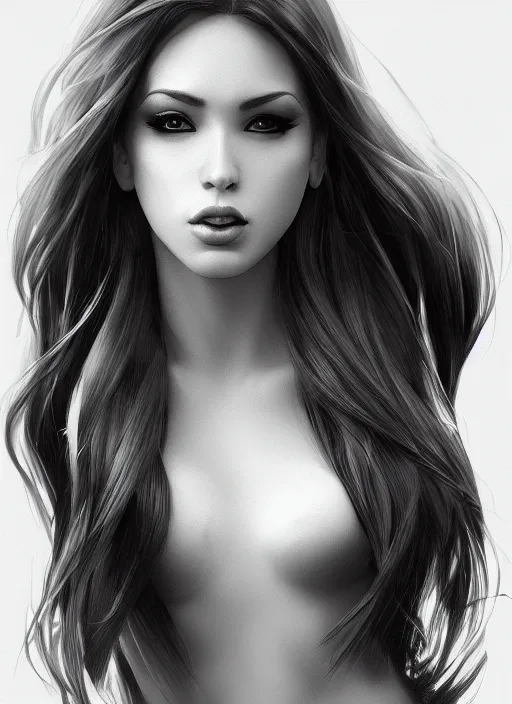 Image similar to full body portrait of a beautiful woman in black and white, photorealistic, hair down to waist, art by diego fazio and diegoKoi and artgerm, concept art, hyper sharp focus, 8k highly detailed