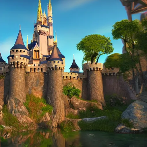 Image similar to a beautiful castle by disney, pixar, unreal engine, nvidia. extremely detailed, realistic, 8 k, golden hour, digital art, artststion