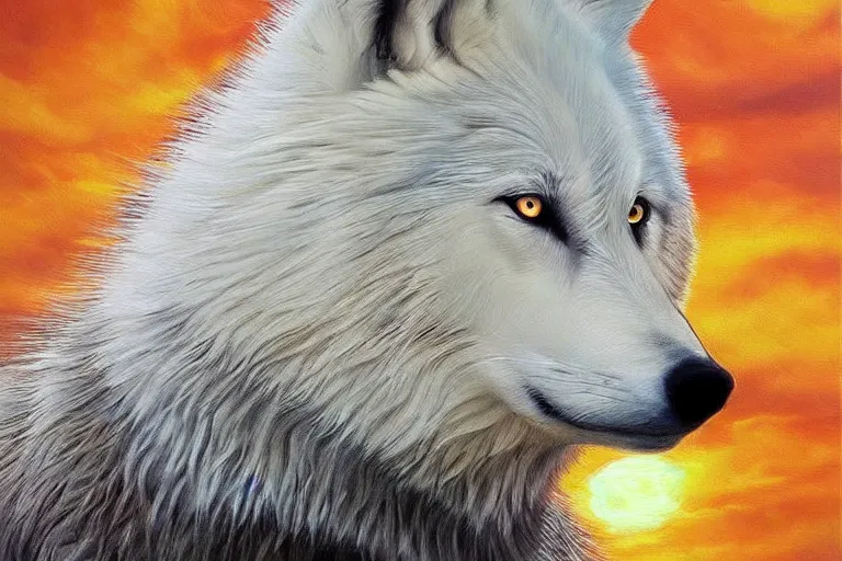 Image similar to white wolf, fantasy, painting, ultra realistic!!!, clear weather, golden hour, sharp focus