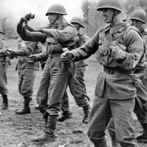 Prompt: World War 2 photo of soldiers fighting with finger guns