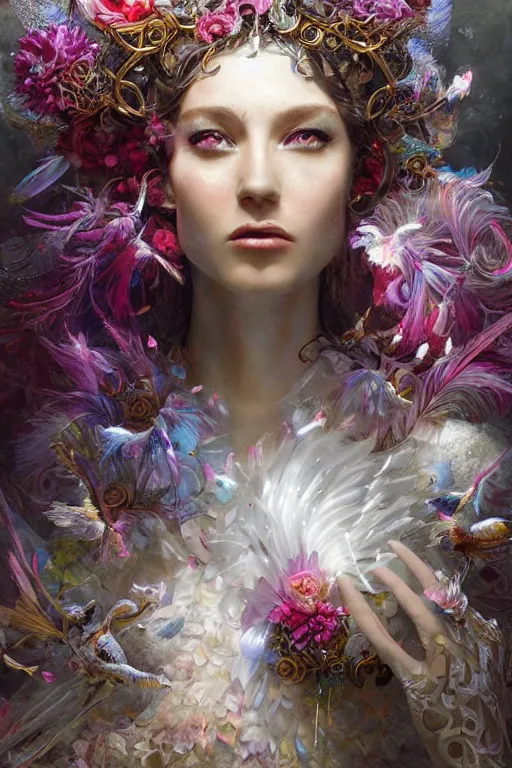 Image similar to beautiful model wearing crystal white feathers, god of psychedelics dancing in a vortex made of flowers, diamonds, angel, fantasy, dramatic lighting, highly detailed, digital painting, holding electricity, magic the gathering, hyper detailed, 3 d render, hyper realistic detailed portrait, peter mohrbacher, wlop, ruan jia
