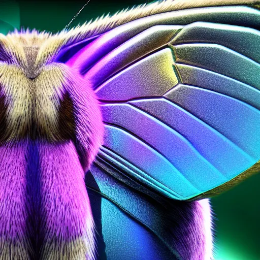 Prompt: a macroshot of a furry butterfly with iridiscent colors, 8k, unreal engine 5, realistic, beautiful