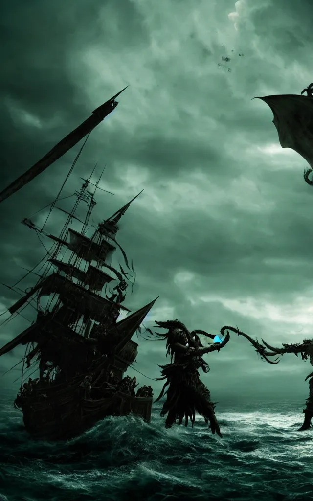 Prompt: pirates fighting cthulhu, cinematic atmosphere, maximized, high detail, 8k, ornate, dark fantasy, masterpiece, complex, film still from the movie directed by Denis Villeneuve