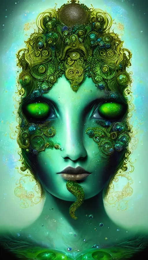 Image similar to portrait of spiritual earth elemental ,intricated, fantasy, gradient green black, dreamy and ethereal, (colour) eyes, one head, golden ratio, peaceful expression, ornate frilly dress, fantasy, intricate, elegant, rainbow bubbles, highly detailed, digital painting, artstation, concept art, smooth,b sharp focus, illustration, art by artgerm and greg rutkowski and alphonse mucha