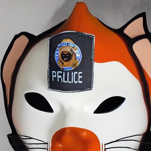 Image similar to high quality photo of a man in a police officer uniform wearing a latex mask of a realistic looking orange/white tabby cat on a dark bg, lit from below by James Jean, natural lighting