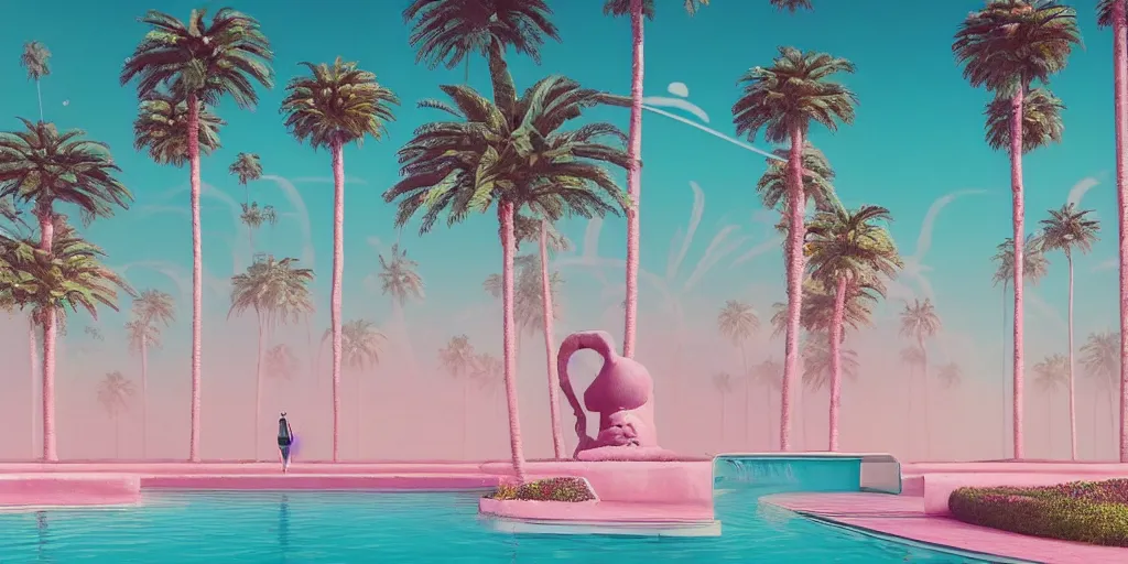 Image similar to Beeple masterpiece, hyperrealistic surrealism, award winning masterpiece with incredible details, epic stunning, infinity pool, a surreal vaporwave liminal space, highly detailed, trending on ArtStation, calming, meditative, pink arches, palm trees, very vaporwave, very very surreal, sharp details, dreamscape, giant head statue ruins