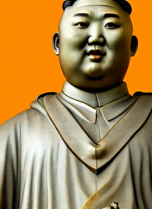 Prompt: medieval statue of kim jong un, elegant, filigree renaissance sculpture from jade, gold and brilliants, brilliant symmetry, created by verrocchio andrea, leonardo da vinci, sandro botticelli, raffaelle monti, epic 7 0 mm lens shot, artstation trending, photorealism, sharp focus, smooth, establishing shot, sense of awe