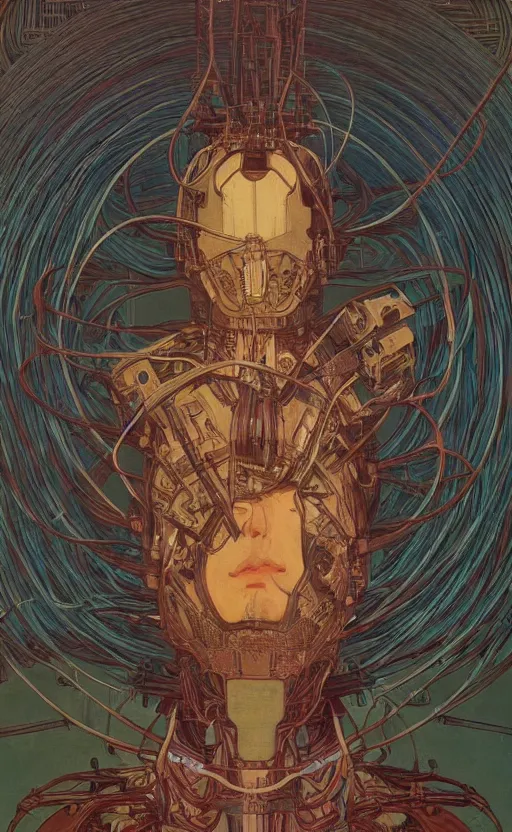 Prompt: upper half portrait of army mecha robot - wires and vines as poster design borders, art by alphonse mucha & zdzisaw beksinski, highly detailed, digital painting, concept art, illustration, smooth sharp focus, intricate, symmetry, artstation, colourful,