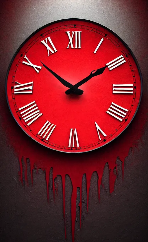 Image similar to a melting Roman numeral clock, behind a red and black gradient background, dynamic lighting, photorealistic fantasy concept art, trending on art station, stunning visuals, cinematic, creative, ultra detailed