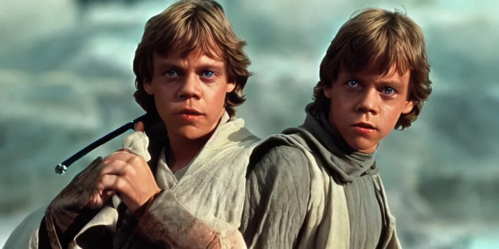 Image similar to Luke Skywalker Return of the jedi young played by Mark Hamill 1983, star wars episode 7 made in the 80s ultra realistic, 4K, movie still, UHD, sharp, detailed, cinematic, render, modern