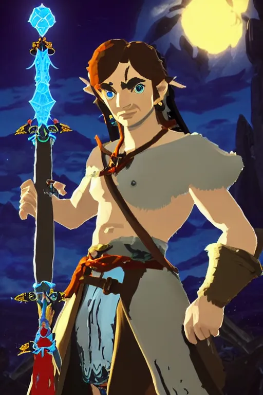 Image similar to an in game portrait of zagreus from hades in the legend of zelda breath of the wild, breath of the wild art style.