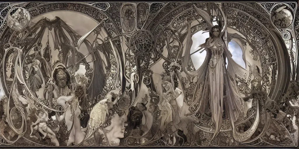 Image similar to 3 d rendered scene of the battle of angels and demons at the entrance to the fractal palace of cosmos painting of alphonse maria mucha and h. r. giger made in unreal engine hyper realistic, beautiful face, symmetrical face, good and evil, scrollwork, silver leaf, magical, detailed intricate, heraldic design, atmosphere, beautiful, realistic, detailed