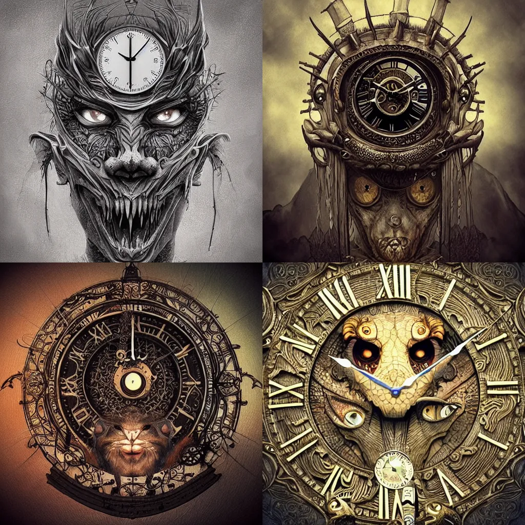 Prompt: intricate detailed fantasy artwork creature with a face that looks like a clock, creepy atmosphere, cinematic lighting,