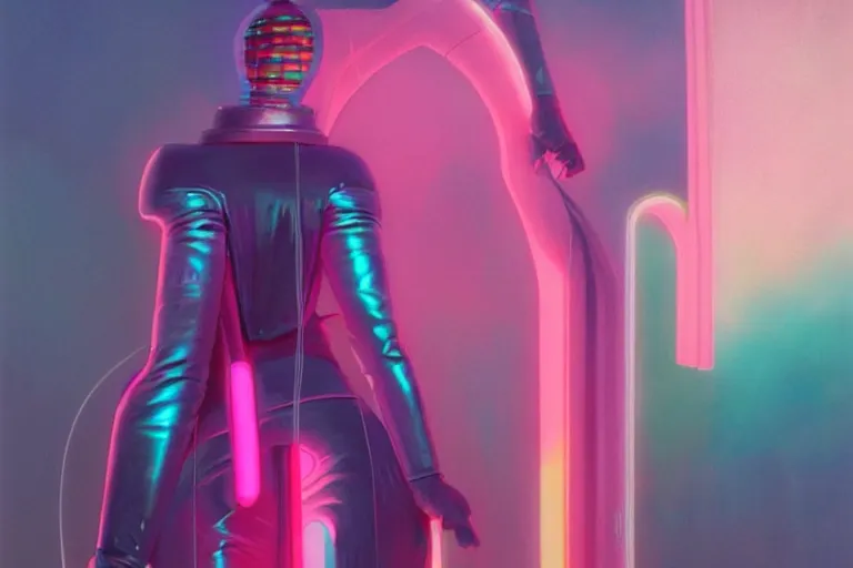 Image similar to patron saint of 🛸🌈👩🏾, futuristic clothing, pink background, warped gravity, neon god of city character portrait, in the style of moebius, wlop, tom bagshaw, and waterhouse, cinematic lighting, beautiful, elegant, oil painting,