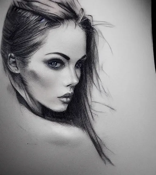 Image similar to tattoo design sketch of a beautiful blue - eyed woman face with a faded background of beautiful mountains and nature on her side, hyper - realistic, in the style of den yakovlev, amazing detail, black and white