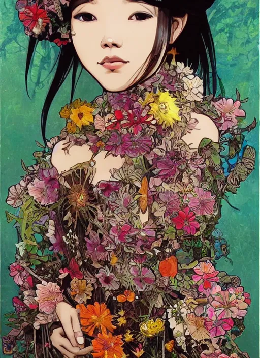 Image similar to !!! very coherent!!! oil painting, beautiful floralpunk iban bio mechanical portrait girl female illustration detailed patterns art of sarawak traditional dress, flower pop art, floral splash painting, art by ashley wood, alphonse mucha, makoto shinkai, geof darrow, dark shadow