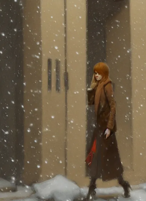 Image similar to back of emma stone in beige coat, walking into new york apartment building entrance in winter, close up of apartment entrance, snow, artwork by gaston bussiere, craig mullins, trending on artstation