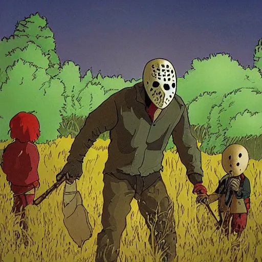 Prompt: jason voorhees at woodstock, studio ghibli landscape