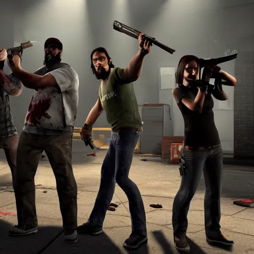 Image similar to photo of left 4 dead team holding weapons and ready for a fight, unreal engine high resolution detailed 8 k