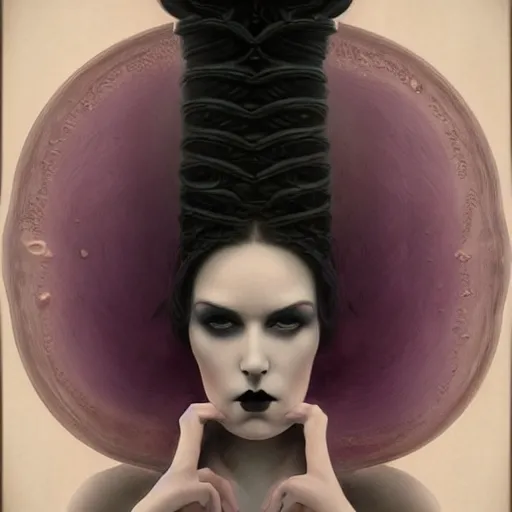 Image similar to by tom bagshaw, photorealistic body shot of a curiosities and absurdities in ultra deep fog, curvy full gothic long dress made of infinite tentacles, purple black lustrous thin haircut, symmetry accurate features, focus, very intricate ultrafine details, award winning masterpiece