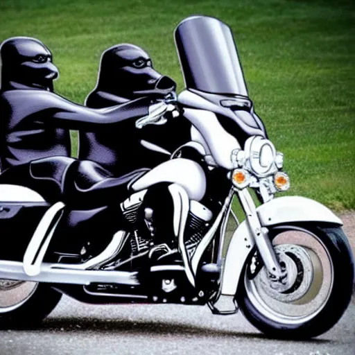 Image similar to pinguin on a Harley Davidson on the road, funny picture