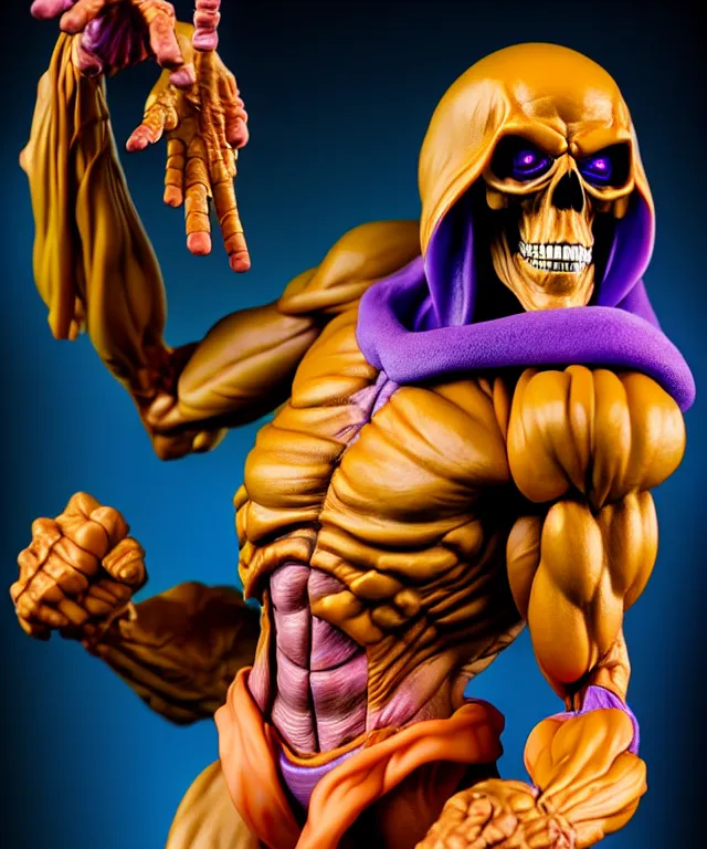 Image similar to hyperrealistic rendering, skeletor, by art of skinner and richard corben and jeff easley, product photography, action figure, sofubi, studio lighting, colored gels